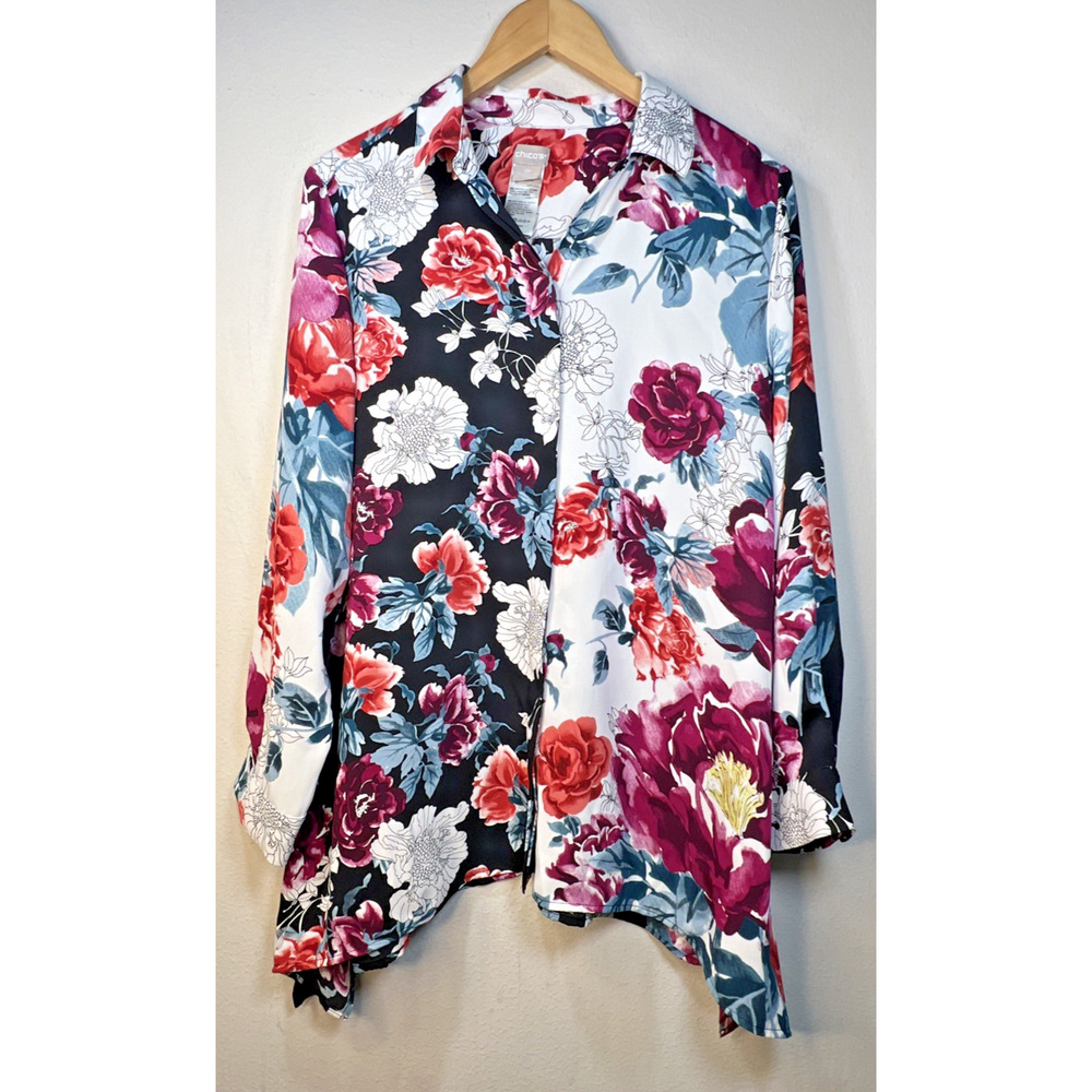 Chico's 2 petite large 12 Long Sleeve Floral Red Black Blouse Shirt Top Tropical